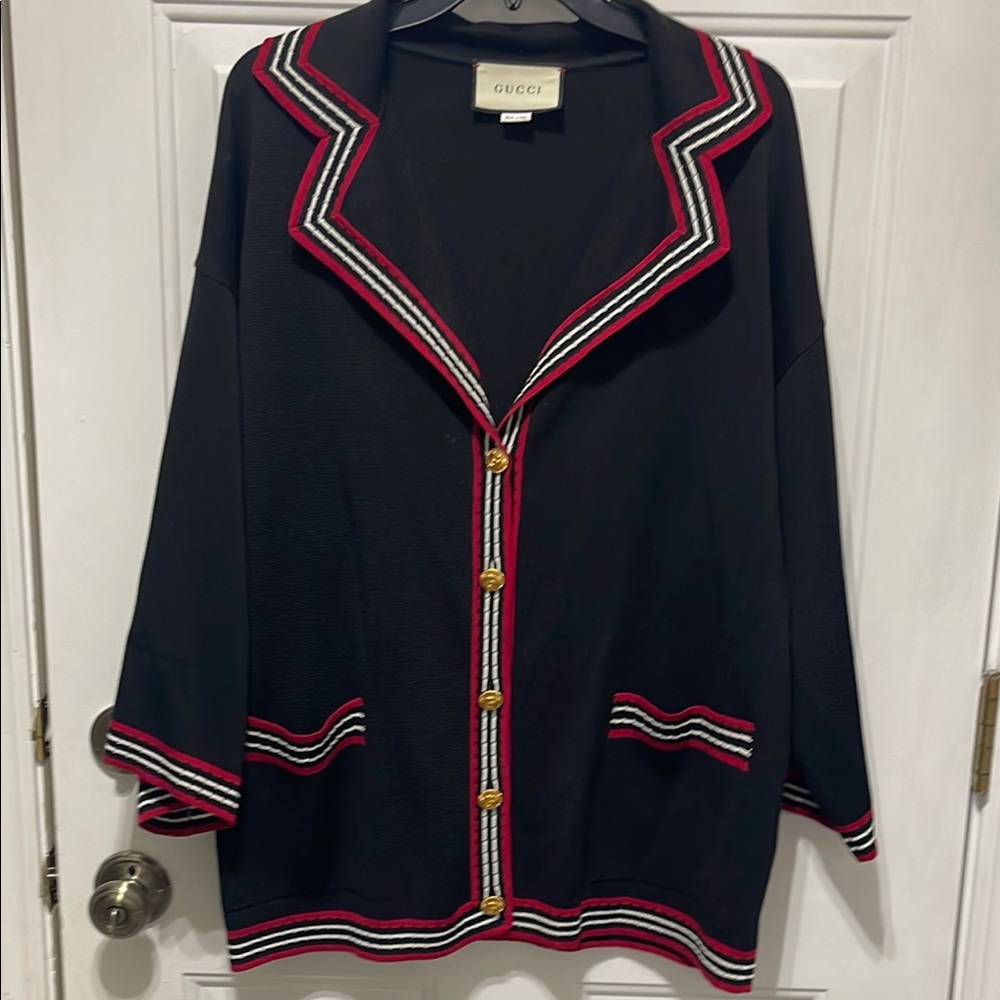 $2400 Gucci Silk Cardigan GG Logo Button Size Small (fits like XL) Black